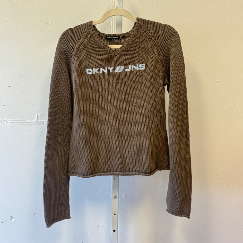Y2K‎ DKNY Jeans Tan Brown Cotton Knit V-Neck Logo Sweater Women's Medium Raglan